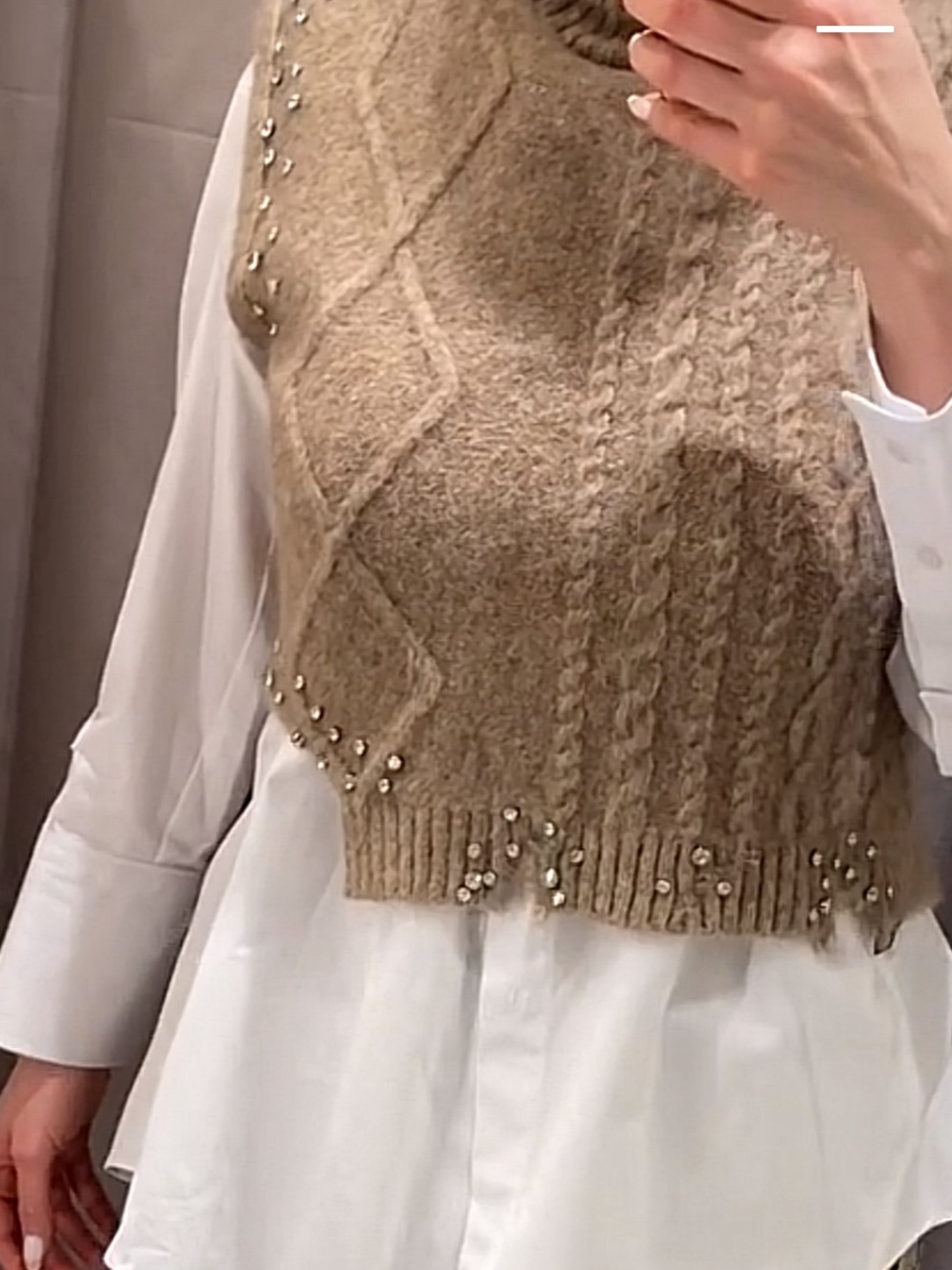 ZARA Women's Beige  Cable Knit Turtleneck Sweater Vest with Embellishments